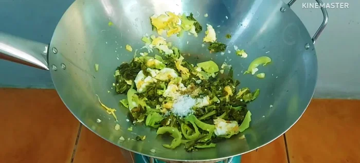 Season with sugar, soy sauce/oyster sauce.