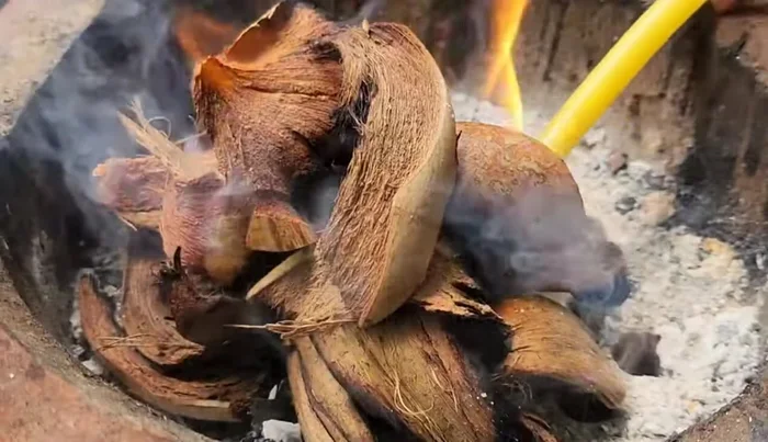 Burn the coconut husks until black. Soak them in water and knead.