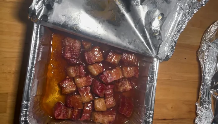 Wrap the pan in tin foil and return to the smoker (or oven) for 45 minutes.