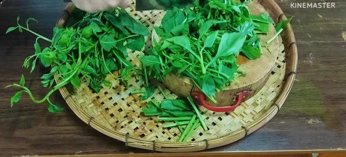 Wash and prepare the morning glory for stir-fry. Remove hard stems and cut into bite-sized pieces. (Don't cut too long)