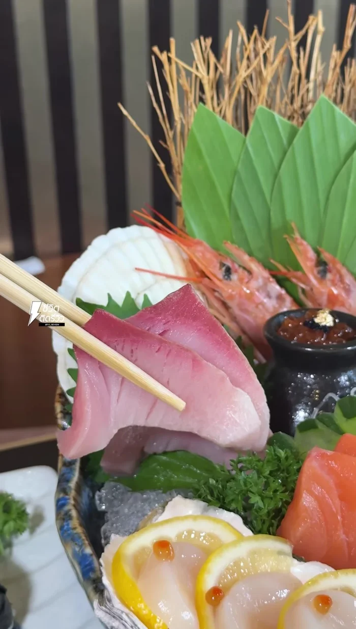 Prepare the Sashimi set: Arrange tuna, salmon, Hachitako, shrimp, Botan Hotate, Engawa Fish, sweet egg, and fish belly attractively.