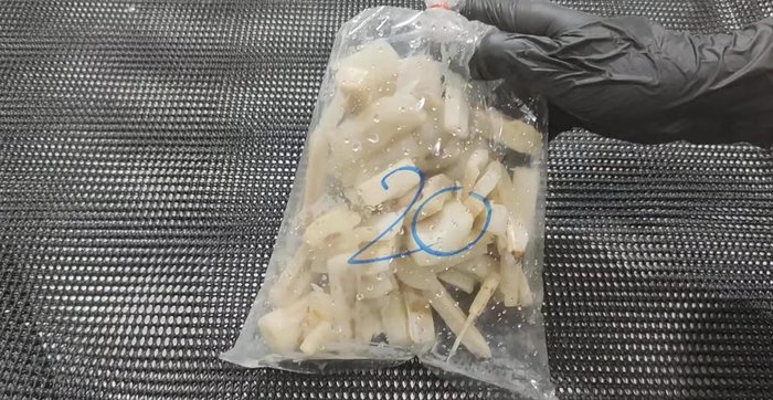 Prepare banana stem and pork. The pork should be cut and possibly frozen to prevent discoloration.
