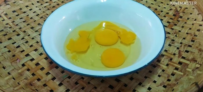 Prepare the eggs. Crack 3 eggs into a bowl.