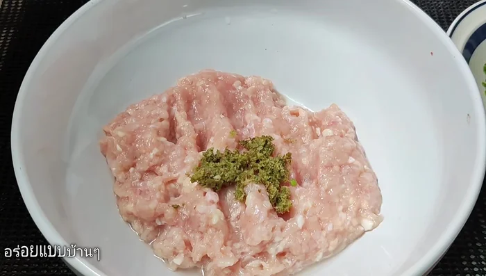 Mix ground chicken, chopped carrots, garlic, and spring onions.