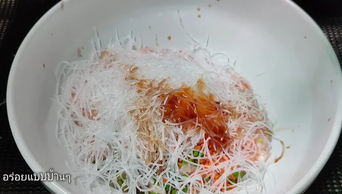 Add glass noodles, oyster sauce, white pepper, seasoning sauce, and sesame oil (optional). Mix well and knead for 10-15 minutes.