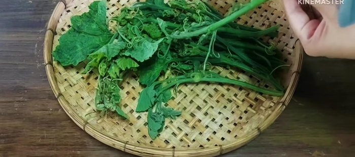 Prepare pumpkin shoots: Remove old leaves. Peel off hairy skin to prevent throat irritation. Cut into pieces.
