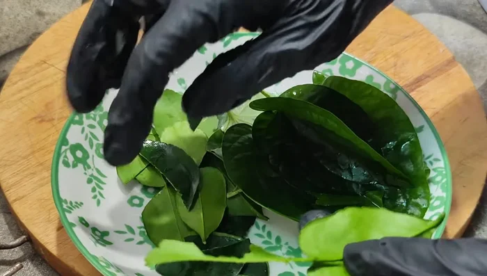 Shred makrut lime leaves and betel leaves.
