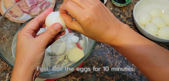 Boil eggs until cooked through (approximately 10 minutes).