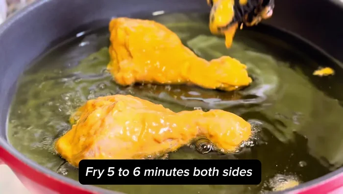Add chicken one by one and fry for 5-6 minutes on both sides.